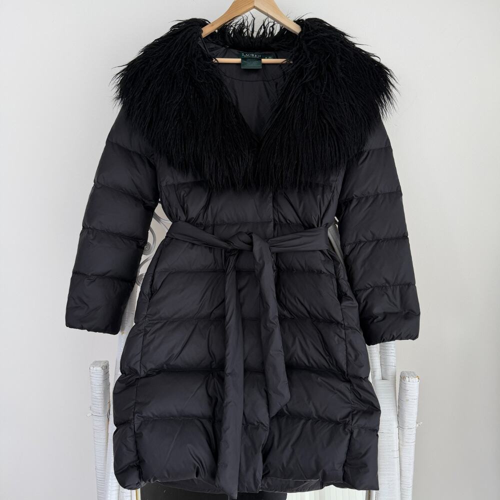 Ralph Lauren Coat Womens Medium Black Penny Lane Faux Fur Puffer Belted Parka